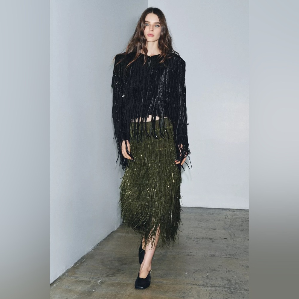 Zara Sequin Elegant Olive Green Fringe Skirt Festival Boho Statement
